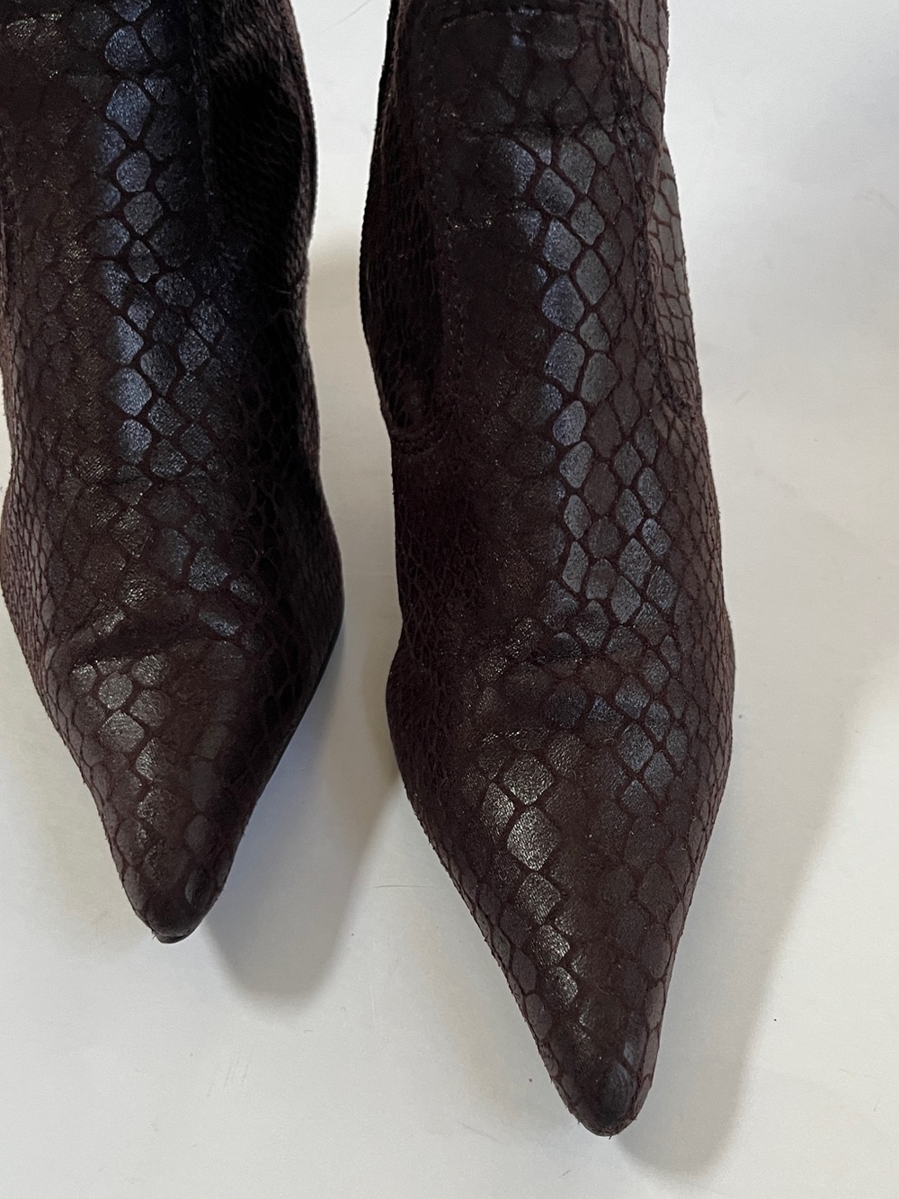 Pointed Toe Snake-Embossed Ankle Boots in Dark Brown